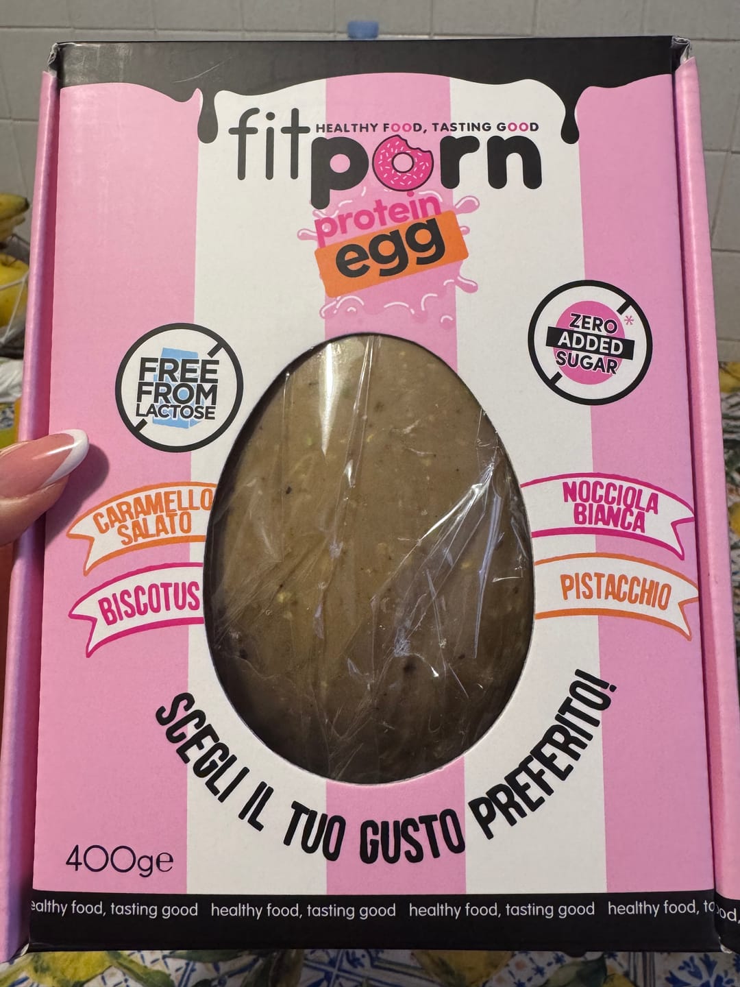 Customer photo review of Uovo di Pasqua 25% Pistacchio proteico, senza lattosio, senza zuccheri aggiunti 400g