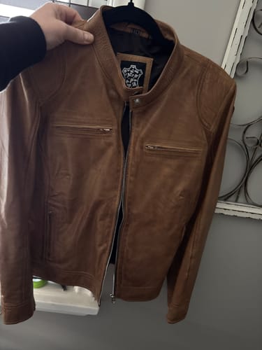 Customer photo review of Women's Dodge Camel Brown Cafe Racer Leather Jacket