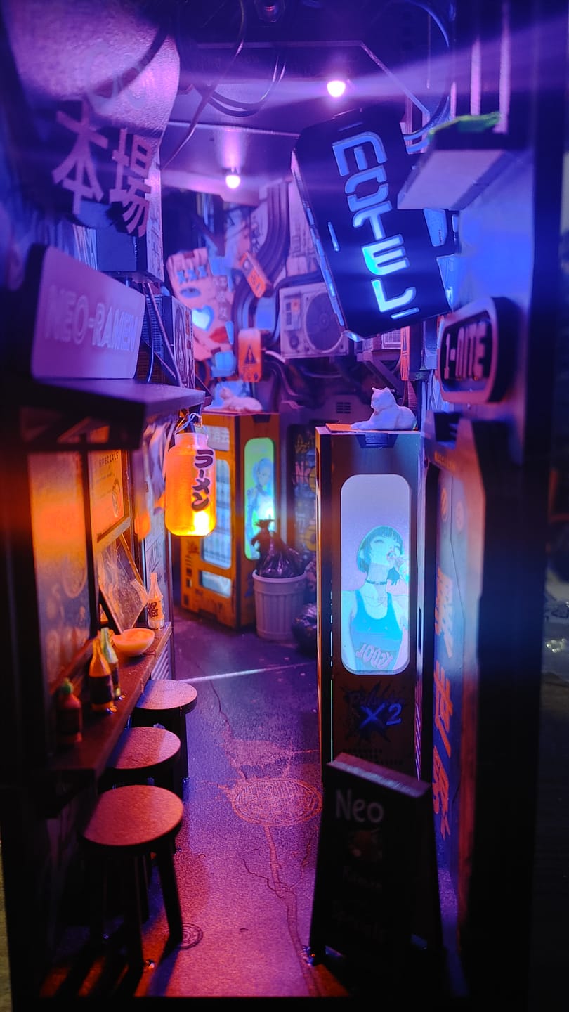 Customer photo review of Neo Ramen MiniAlley – A Cyberpunk DIY Diorama Booknook