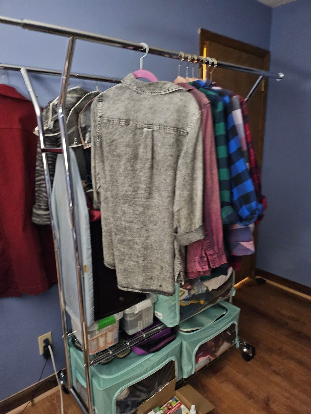 Customer photo review of Raybee 74"W Heavy Duty Clothes Rack on Wheels, 630LBS Adjustable Double Rod Garment Rack, Chrome Metal Commercial Clothing Rack with Storage Shelves