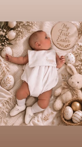 Customer photo review of Baby Unisex Beige Cotton Bib Romper