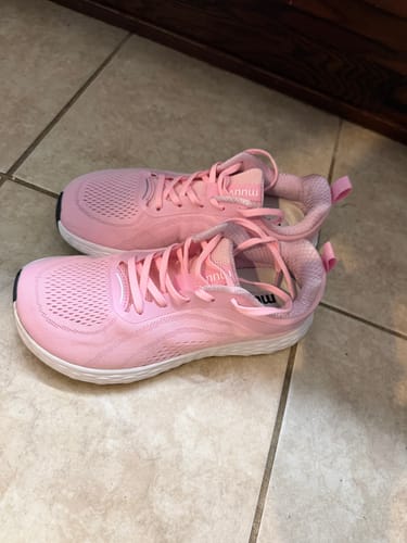 Customer's pink Flow Pickleball Shoes with white soles, shown as a pair on a tiled floor.