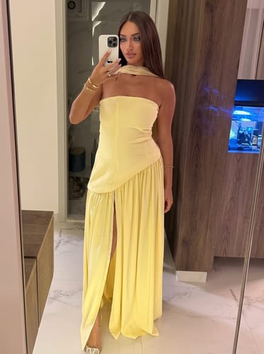 Customer photo review of Aria – Sculpted Strapless Flow Maxi Dress