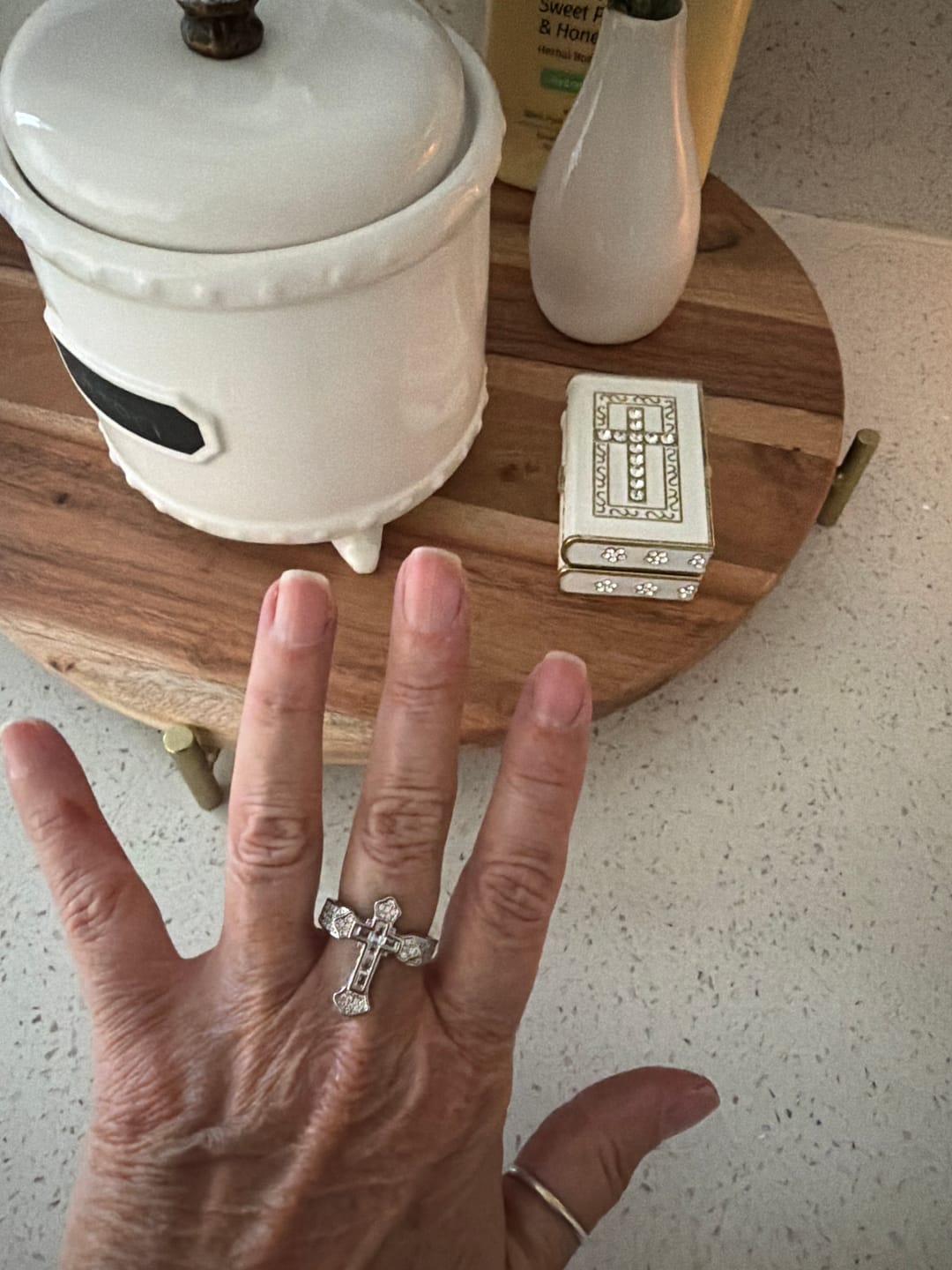 Customer photo review of Christianartworkshop Central Cross Motif Ring with Cubic Zirconia Accents: Carry His Care in Daily Wear