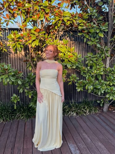 Customer photo review of Aria – Sculpted Strapless Flow Maxi Dress