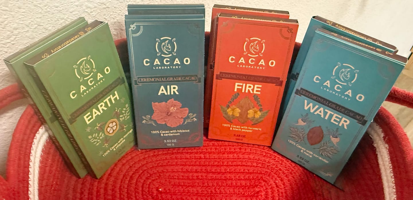 Customer photo review of Sacred Element Cacao Blends Variety Box, Organic — Wholesale (24 bars – 3.5 oz each)