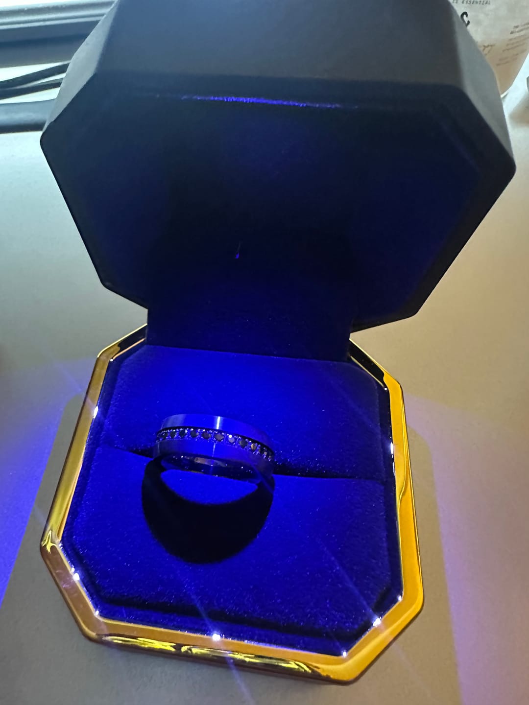 Customer photo review of 8mm Black Tungsten Wedding Band with Black Sapphires