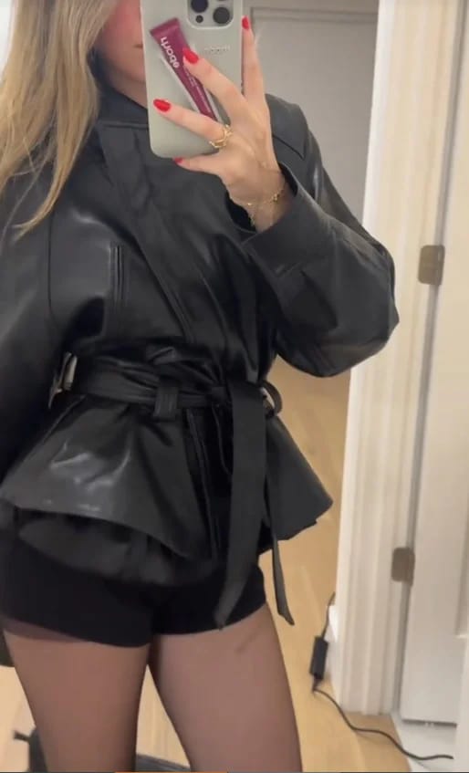 Customer photo review of Maggie Faux Leather Motorcycle Jacket