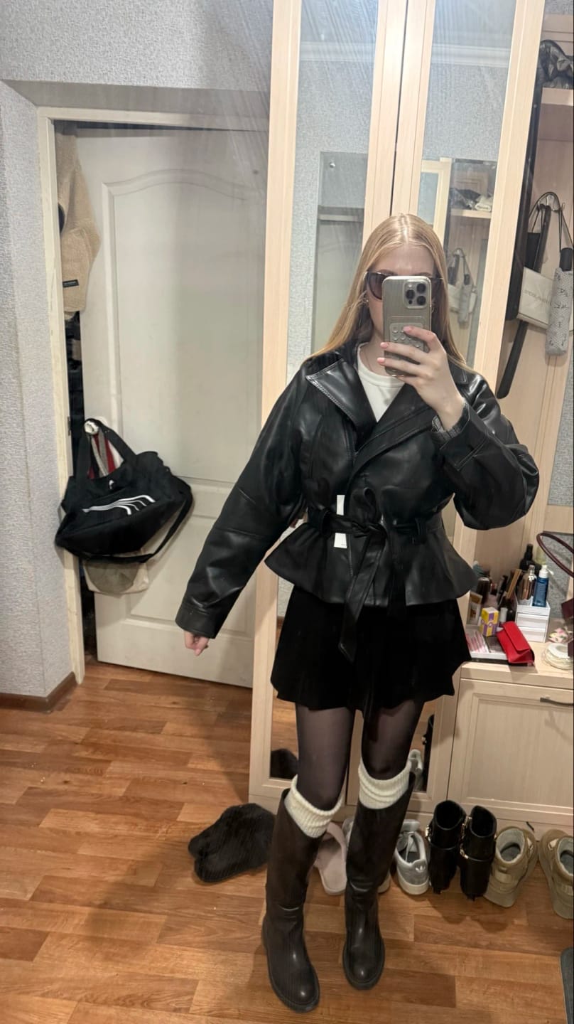 Customer photo review of Maggie Faux Leather Motorcycle Jacket