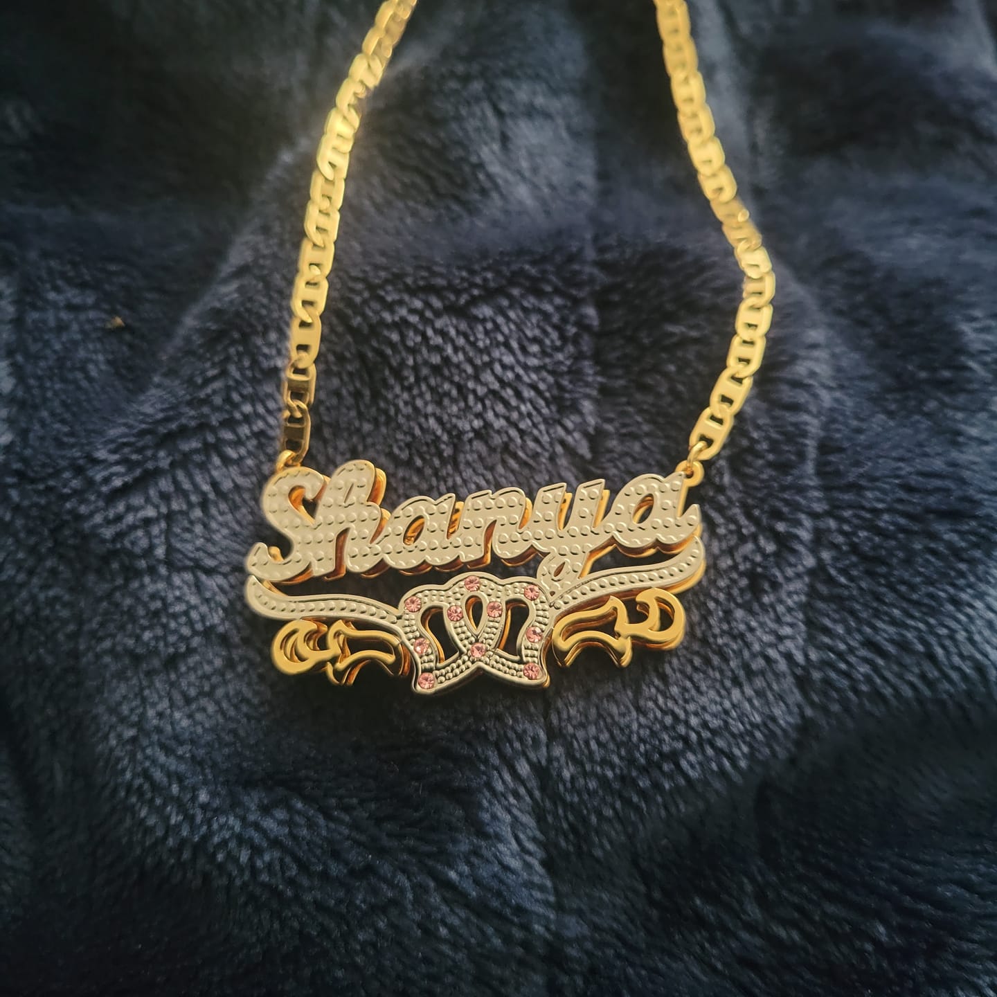 Customer photo review of Double Plated Double Heart Name Necklace w/ Clip Chain