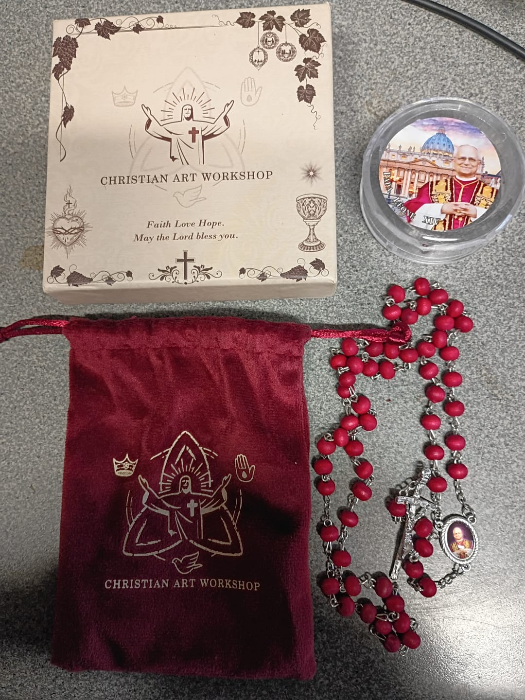 Customer photo review of FREE Today: Pope Leo XIV Red Wood Beads Rosary Commemorating: A Spiritual Treasure