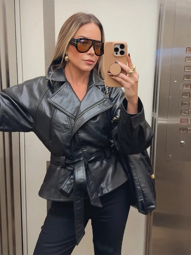 Customer photo review of Maggie Faux Leather Motorcycle Jacket