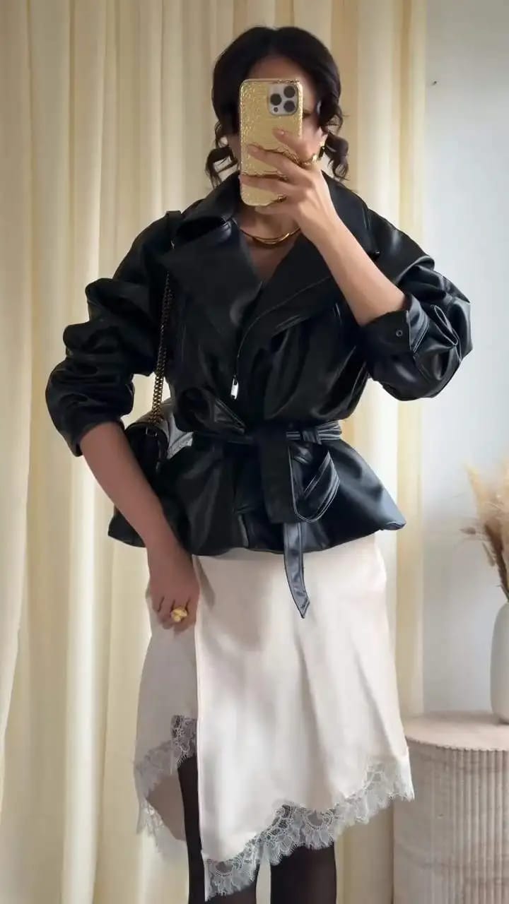 Customer photo review of Maggie Faux Leather Motorcycle Jacket