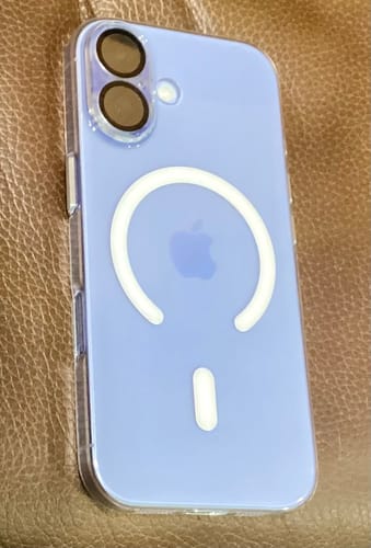 Customer's blue iPhone in the Anti Yellow Magsafe Clear Case, showing the white magnetic ring.