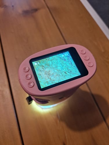 Ein Rezensent zeigt das rosa Abenteuer-Mikroskop, eingeschaltet mit einer vergrößerten Ansicht auf dem Display.
