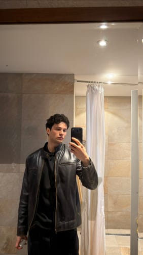 Customer photo review of Dodge Men’s Rub Off Dark Brown Leather Jacket | Biker Style