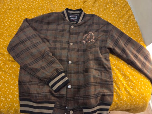 Customer photo review of Wool-Blend Tweed Check Baseball Jacket with Tiger Embroidery