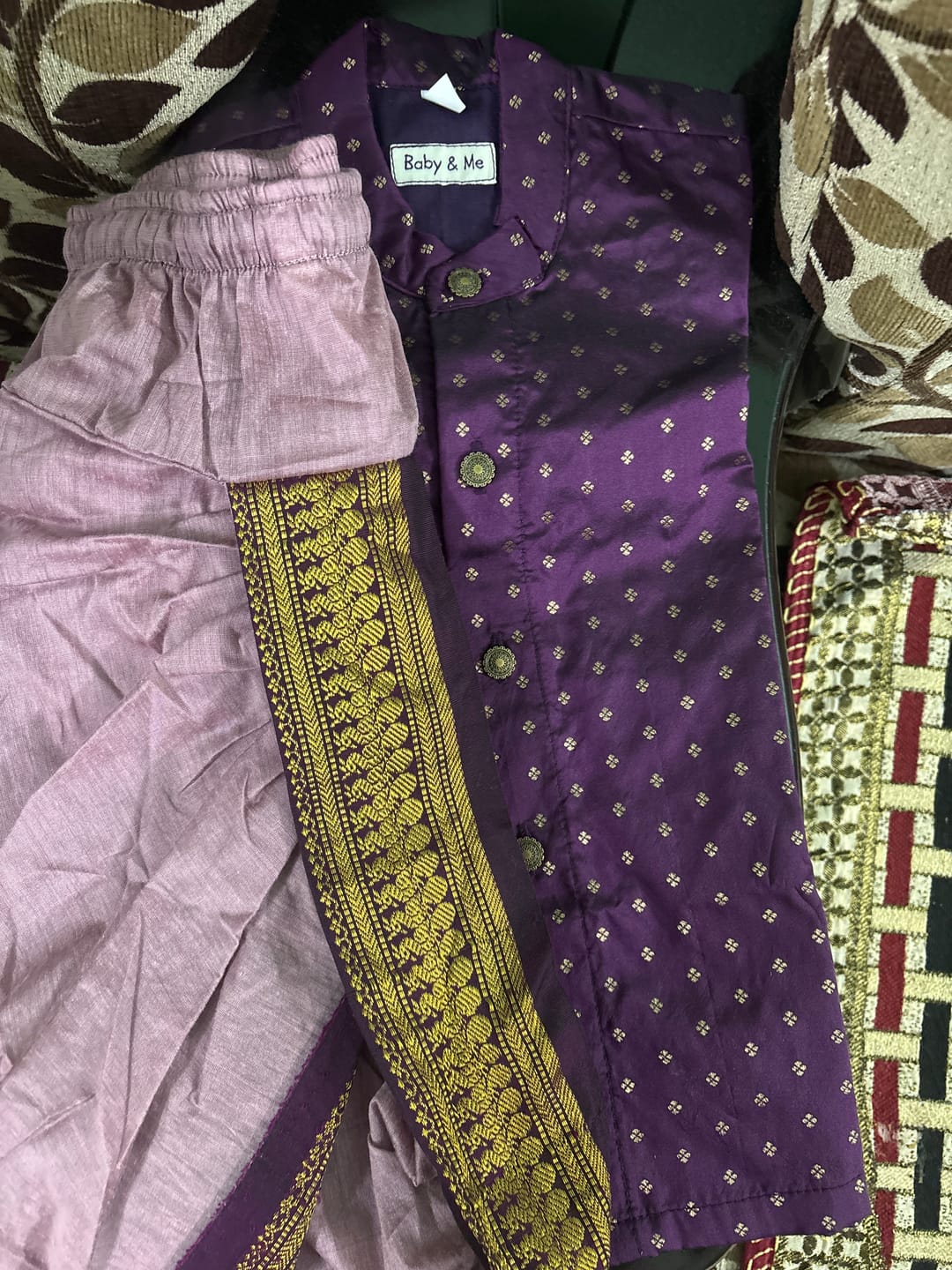 Customer photo review of Dhoti Kurta for Baby Boy – Wine Semi-Silk Kurta & Lavender Dhoti with Zari Border