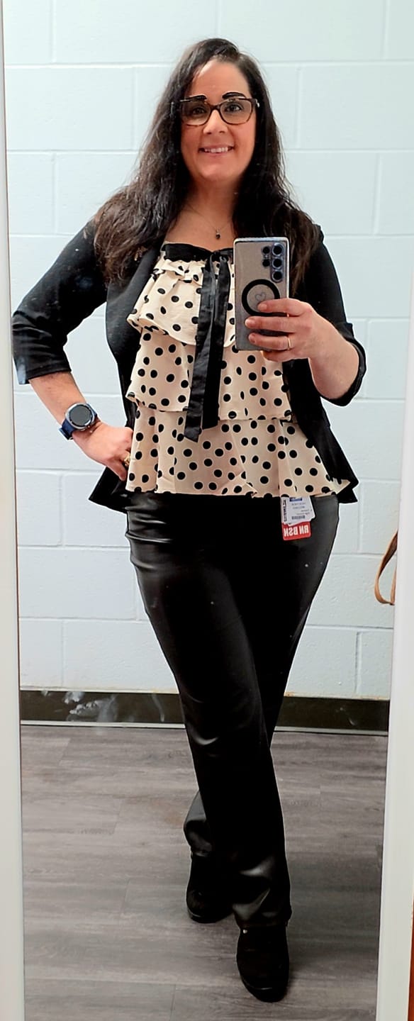 Customer photo review of Ruffled Polka Dot Top With Bow Accent