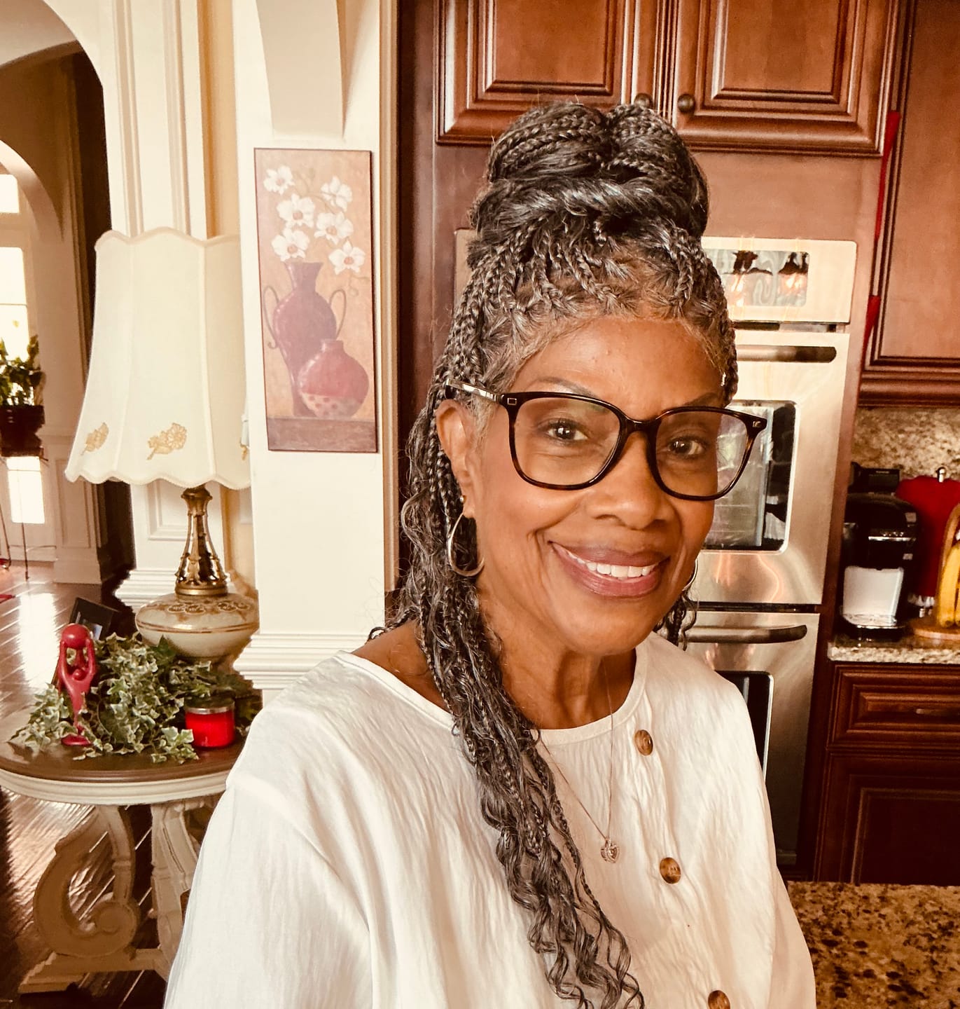 Customer photo review of Salt & Pepper 24" HD Full Lace Boho Braided Wig with Deep Wave Human Hair & Synthetic Blend Curls #44 Base