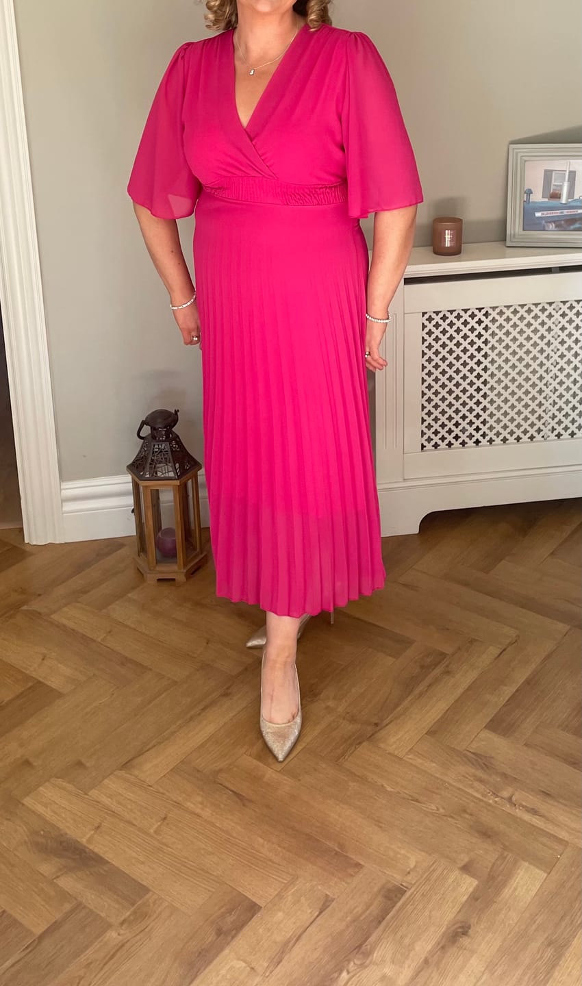 Customer photo review of Annabeth Fuchsia Pleated Wrap Dress