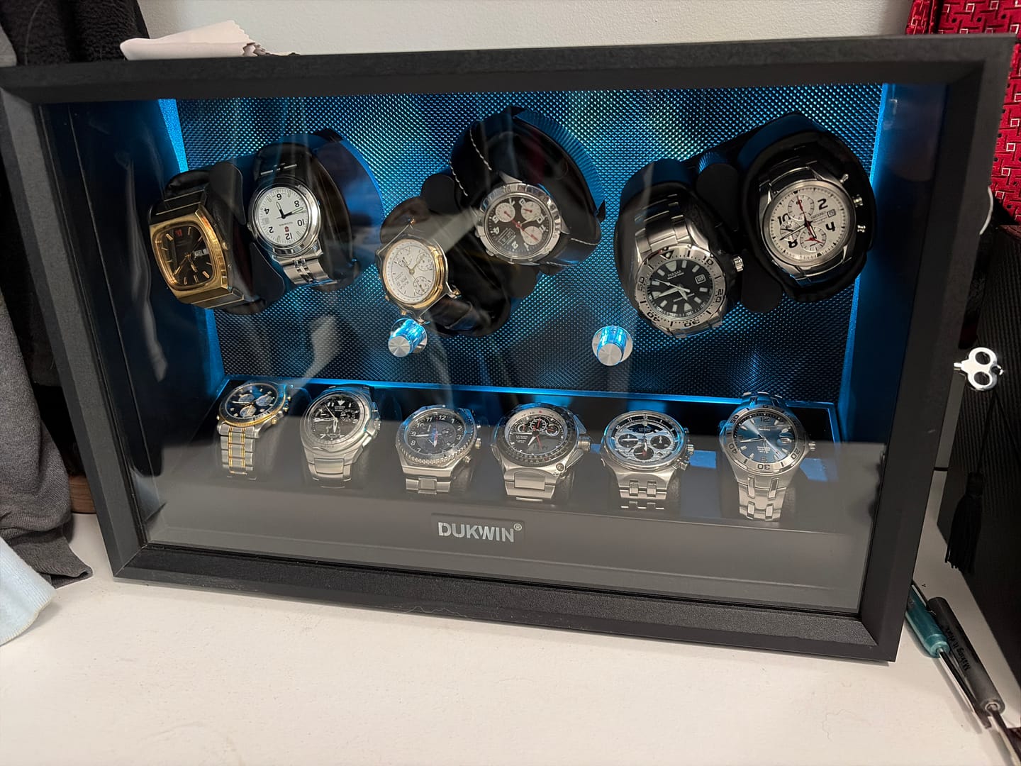 Customer photo review of 6 + 6 Watch Winder with Extra Storages Aurora Blue Light Quiet Motors - Black