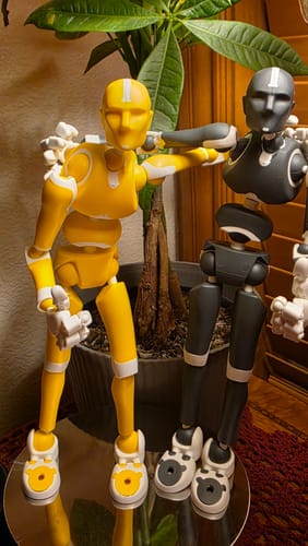 Customer's yellow and black High Flyer figures posed with arms around each other on a reflective plate.