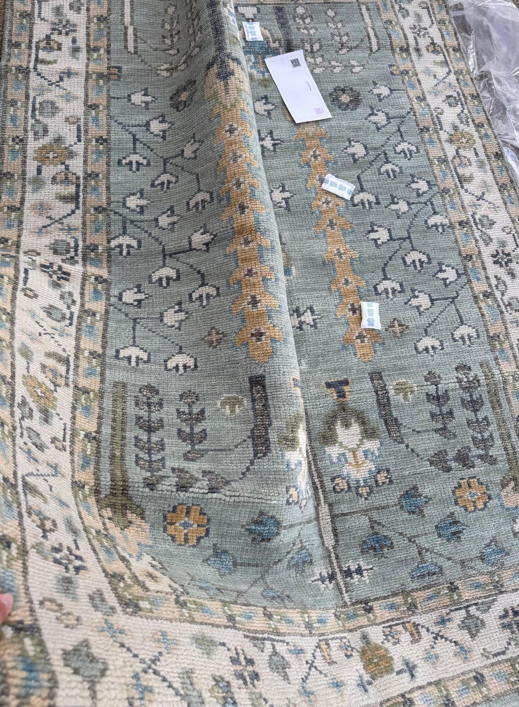 Customer photo review of Ready to Ship 8x10, 9x12 Aqua and Ivory Tree Design Hand Knotted Wool Area Rug