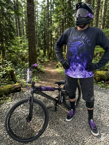 Customer wearing the black and purple flame pattern long sleeve t-shirt while posing with a bike on a forest trail.