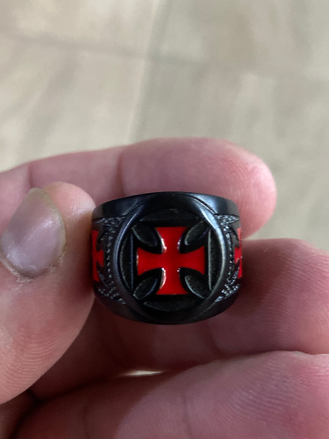 Customer photo review of Christianartworkshop Black & Crimson Faith Armor Templar Cross Signet Ring