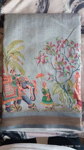 Customer's Grey Dola Silk Saree, showing the detailed digital print of a majestic elephant and traditional figures.
