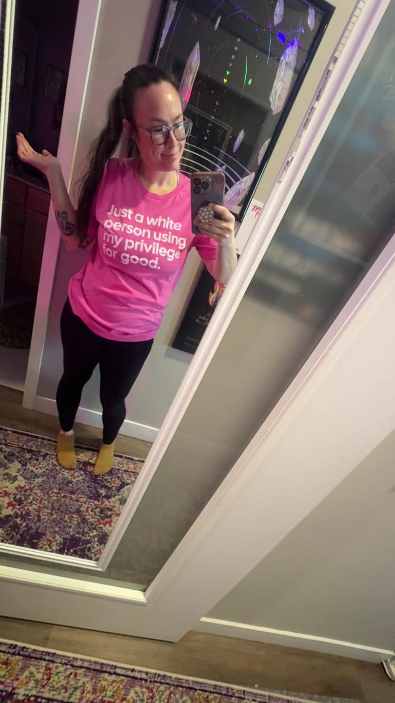 Customer photo review of Just a White Person Using My Privilege for Good Unisex Tee