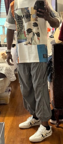 Customer photo review of Vintage Buckle Trim Waffle Casual Harem Pants