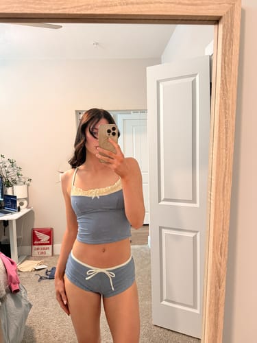 Customer photo review of Deep Blue Vintage Plaid Spliced Ruffles Bowknot Bikini Tankini Top