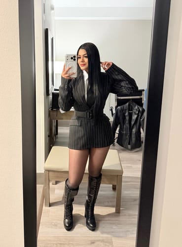 Customer's full-body view of the Pinstripe Suited Blazer worn as a belted dress.