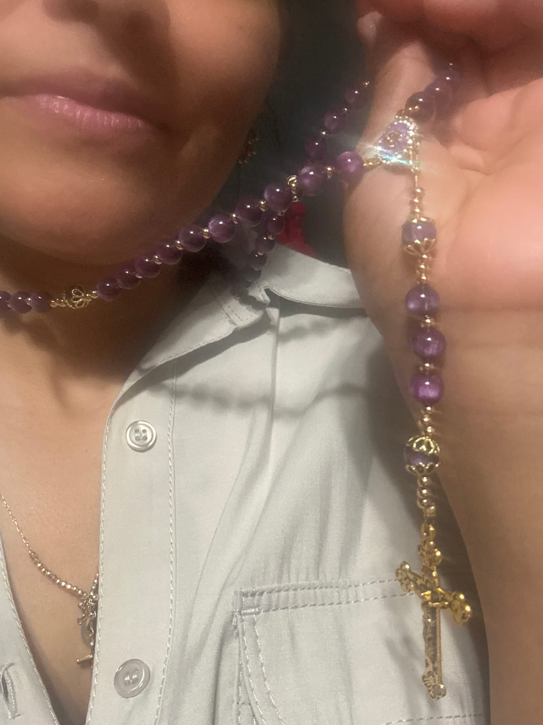 Customer photo review of FREE Today: Canvas-Style Shimmery Purple Rosary with Our Lady: Gilded Faith Devotion