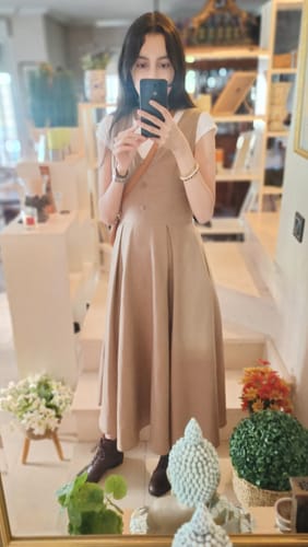 Customer photo review of Khaki Linen Pinafore Midi Dress: Sleeveless A-Line Dress with Pockets, Ylistyle C5437