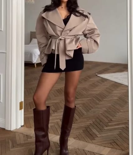 Customer photo review of Tara Lace Up Cropped Trench Coat
