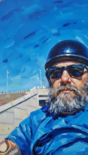 Painting of a reviewer wearing the black Switchback DOT Reversible Helmet and sunglasses outdoors.