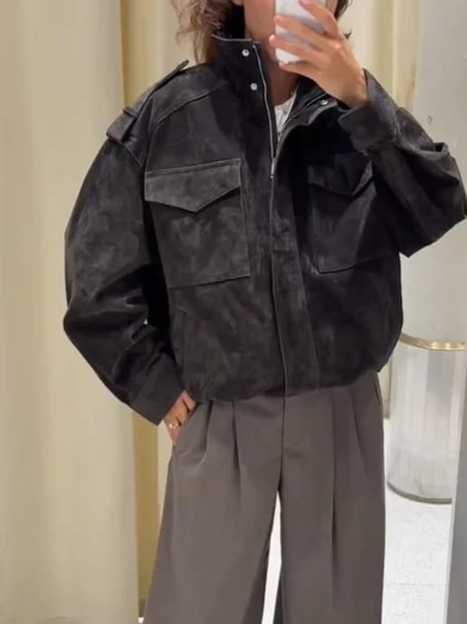 Customer photo review of Marianne High Neck Suede Pocket Jacket