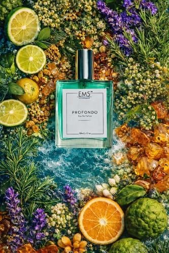 Customer's artistic photo of Profondo perfume with fresh citrus, flowers, and amber.