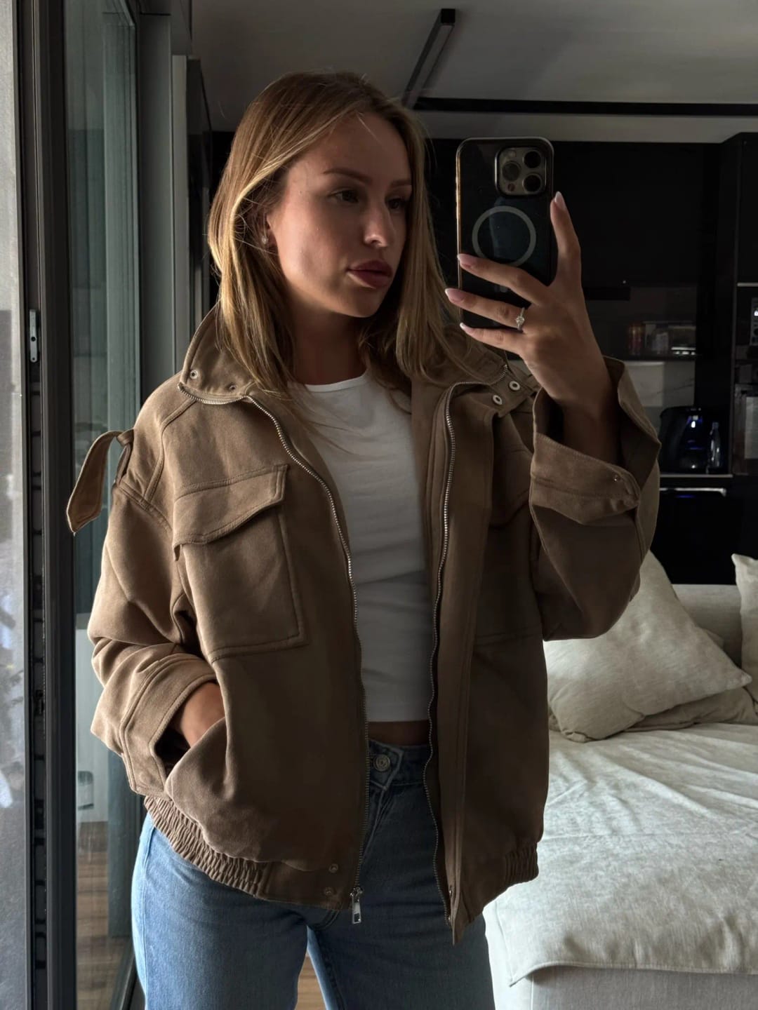 Customer photo review of Marianne High Neck Suede Pocket Jacket