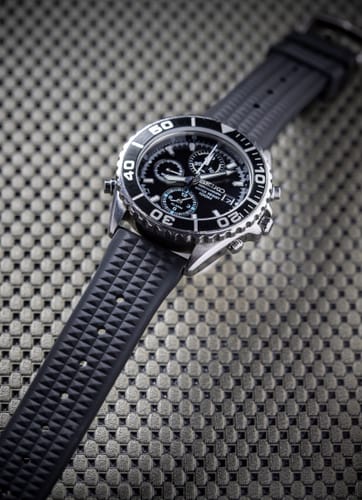 Customer's black Waffle Rubber strap giving a fresh look to their silver chronograph watch.