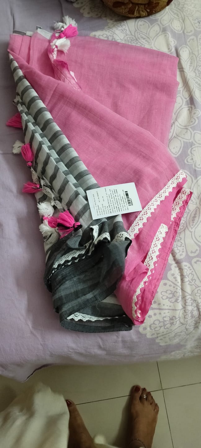Customer photo review of Pink Striped Mulmul Cotton Saree