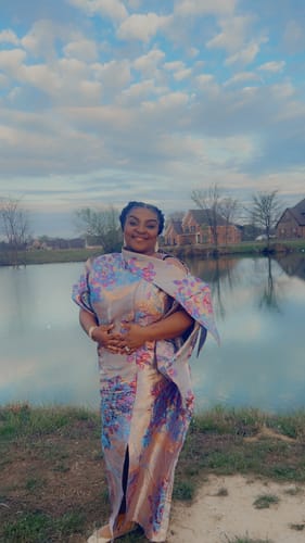 Customer photo review of Abeni Off-Shoulder Brocade Boubou | Silver