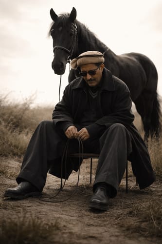 Reviewer's atmospheric photo for the Khushboo-e-Ramzan oud, showing a seated person with a dark horse.