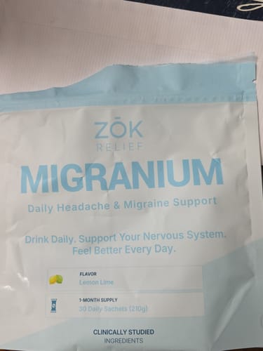 Customer's close-up of the front of the Migranium Daily supplement pouch, showing the lemon-lime flavor.