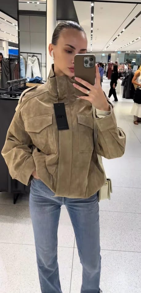 Customer photo review of Marianne High Neck Suede Pocket Jacket