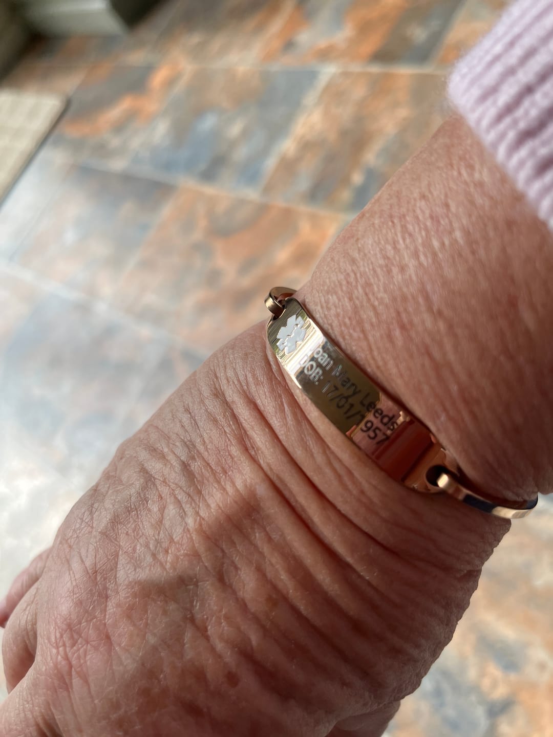 Customer photo review of Personalised Rose Gold Medical Alert ID Bangle Bracelet