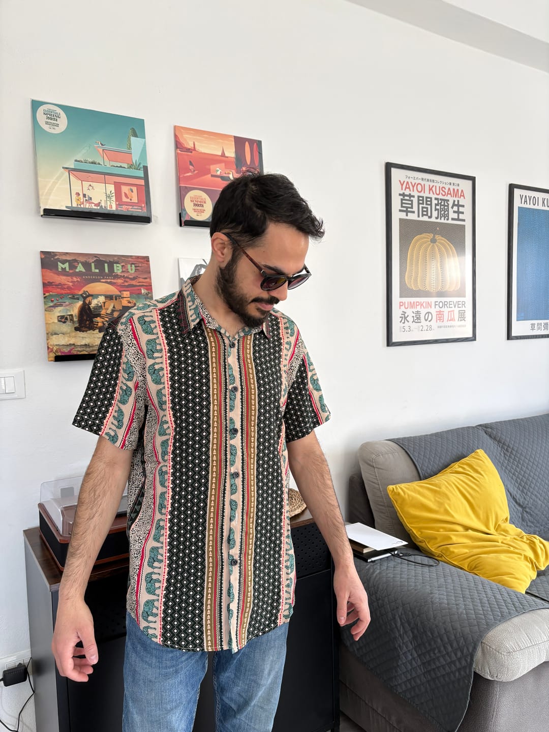 Customer photo review of Chemise à manches courtes verte à imprimé éléphant rayé pour hommes
